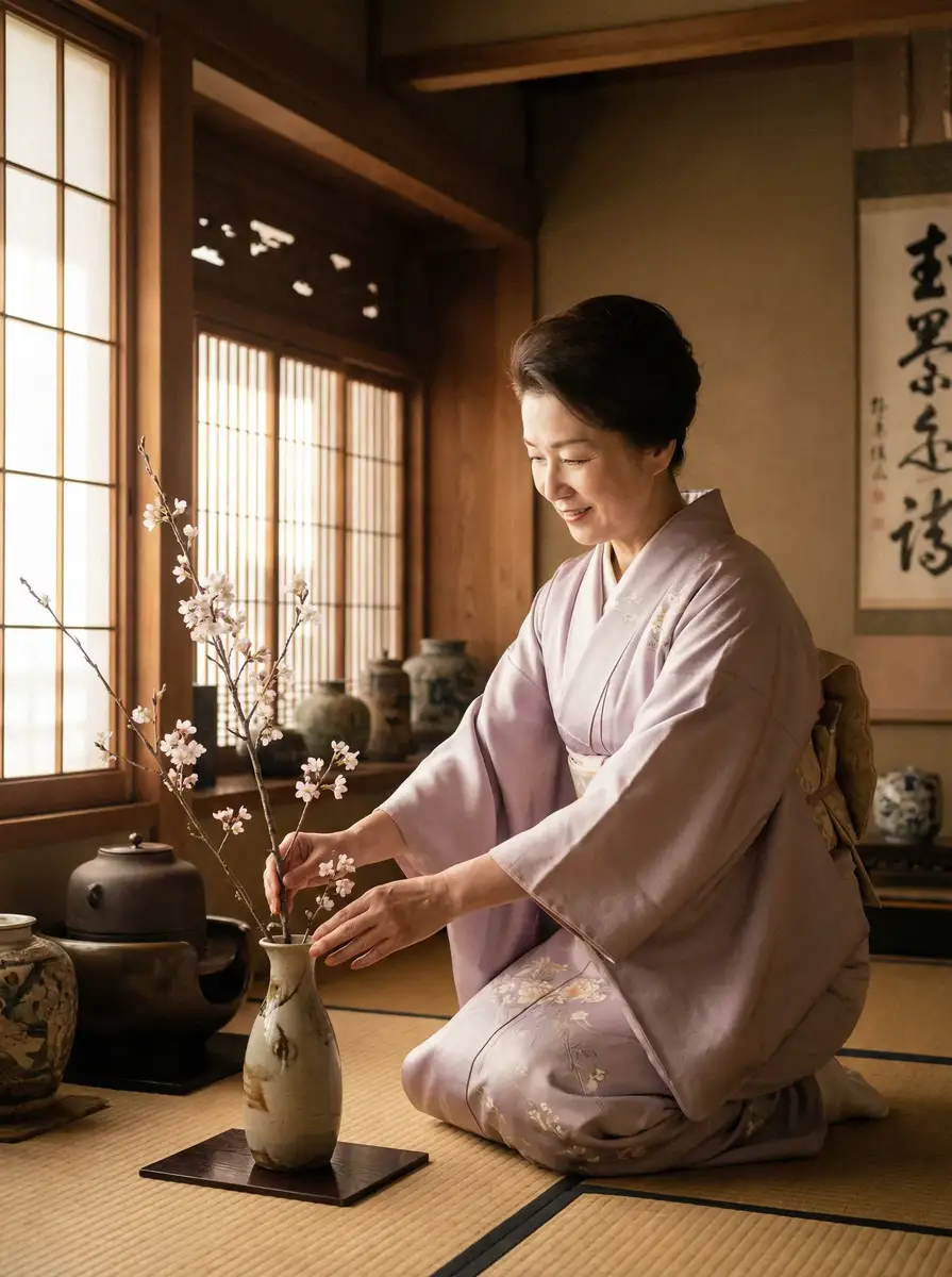 一位优雅的 集芳阁 在和室中插花